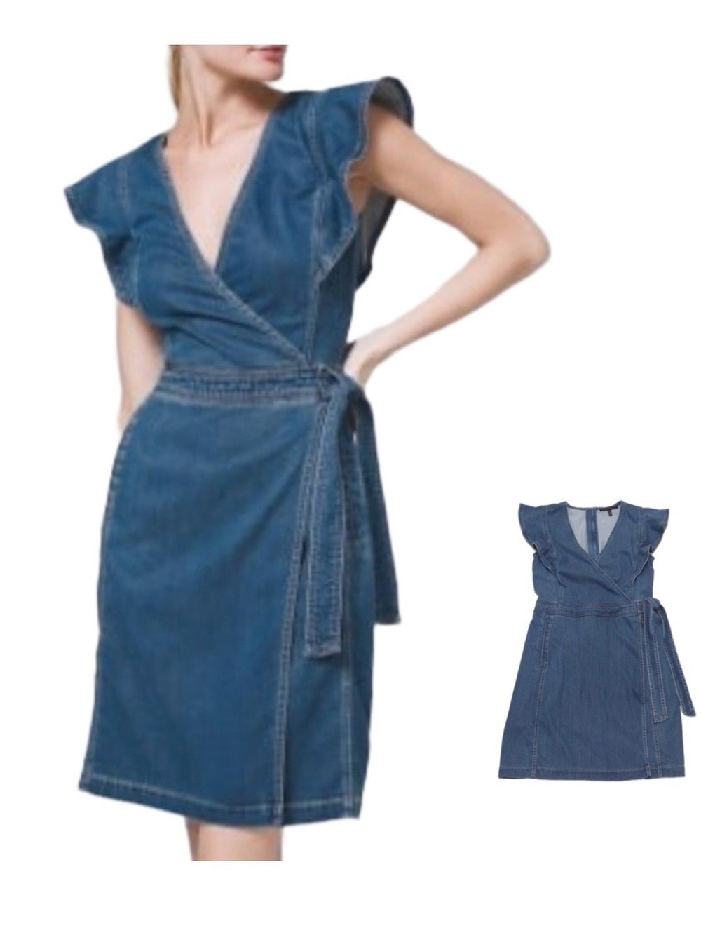 White House Black Market Indigo Denim-Style Wrap Midi Dress with Ruffle Sleeves